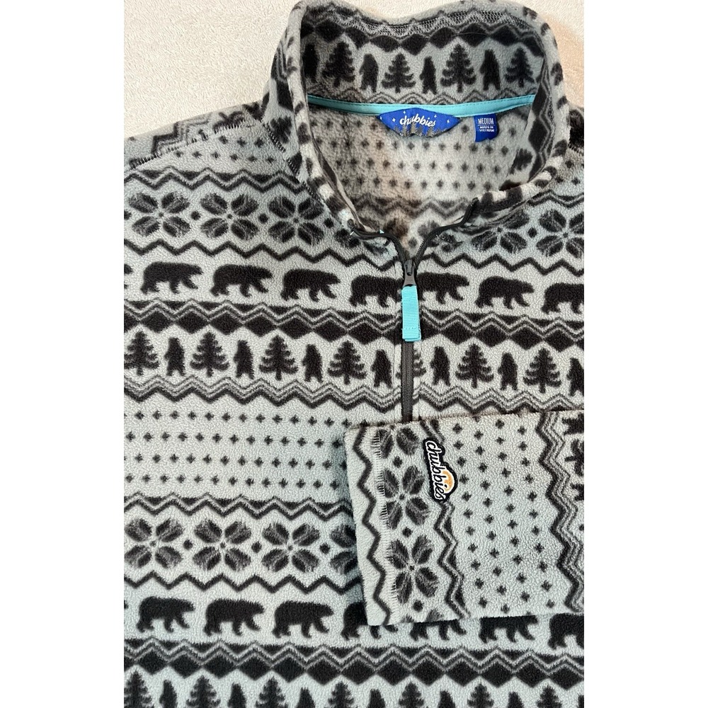 Chubbies 1/4 Zip Fleece Pullover‎ Mock Neck Med Blue Gray Black Bears Trees AOP